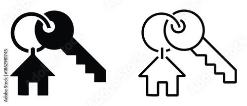 House with key icon. key ring and a pendant house locket. Home key pictogram. House Key symbol. Vector illustration.