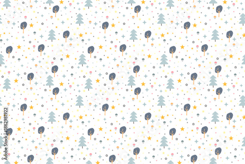Natural seamless pattern. Forest of gray trees and mushrooms. Scattering of stars. landscape, environment, nature. Flat cartoon design. For wallpaper, textile, packaging, background or website. Vector