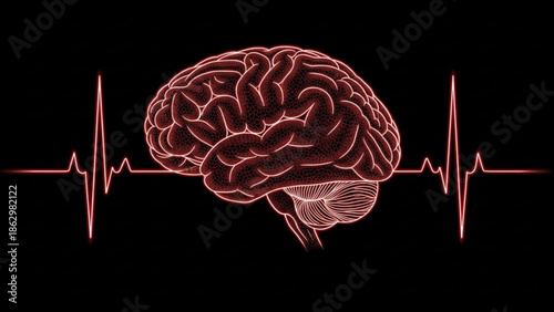 Neon lit brain with electrocardiogram heartbeat line on black background, symbolizing mental health, neuroscience, and medical technology with innovation