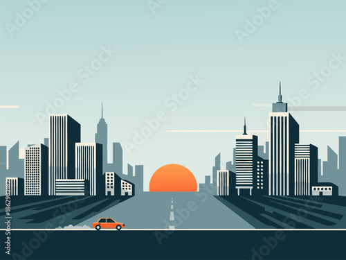 Vector illustration of an orange car driving on a road towards a city skyline at sunrise with geometric shapes