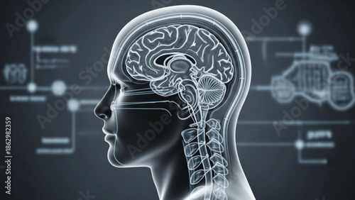 Human head with transparent brain and nervous system, side view, against a dark background with technical diagrams and schematics, representing science, technology