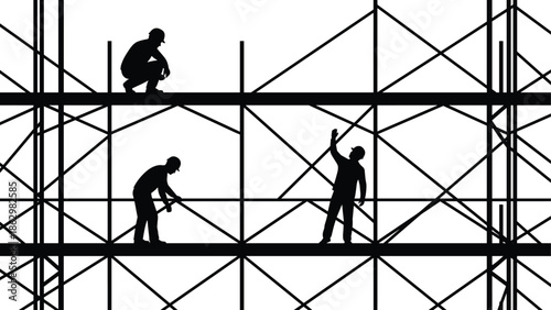Construction worker silhouettes on scaffolding isolated on white background, building site teamwork safety industry labor concept vector illustration design