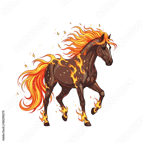 Majestic mythical horse icon with glowing orange and yellow flames erupting from its mane, tail, and hooves, symbolizing strength and elemental force in a vibrant illustration