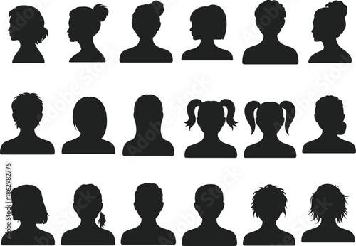 Human head silhouette avatar set profile faces male female children icons flat vector illustration isolated white background collection