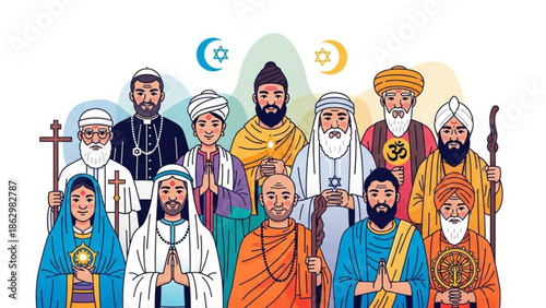 Diverse group of religious people from different faiths and cultures standing together in harmony and unity with symbols of their beliefs with diversity