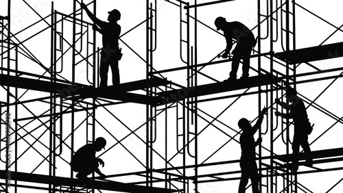 Construction workers silhouettes on scaffolding isolated on white background, building site teamwork safety industry labor concept vector illustration design engineering