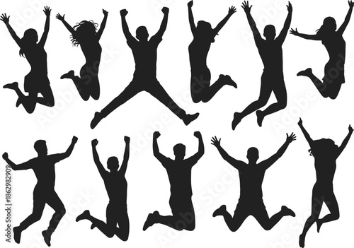 Jumping happy people silhouettes celebration joy success freedom energetic men women black vector illustration isolated on white background