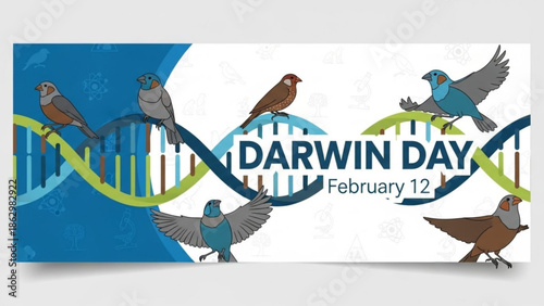 Darwin day february 12 celebration with birds on dna double helix structure symbolizing evolution and natural selection with biology and science