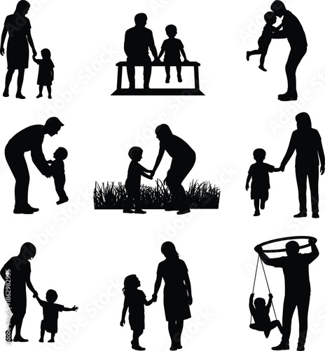 WebMother and child silhouettes family parenting moments love care childhood bonding black vector illustration isolated on white background