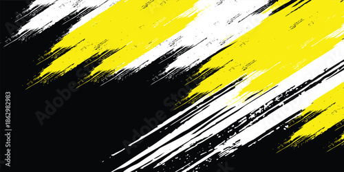 black, white, and yellow abstract background with grunge halftone brush strokes
