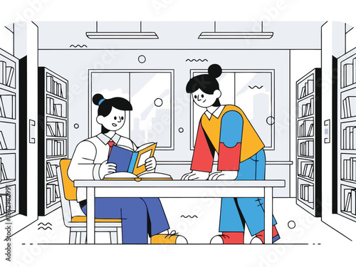 Two Friends Studying Together in a Quiet Library Reading Environment