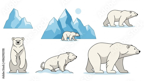 Polar bears in various poses on ice with snow and glaciers in the background, white and blue colors, cold climate animals with iceberg and arctic