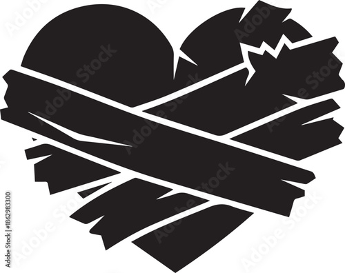 Black heart shape with torn edges and bandages wrapped around it broken heart ripped