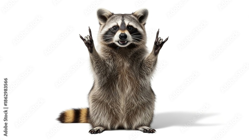 Obraz premium A curious raccoon standing on its hind legs with its front paws raised in a playful gesture.
