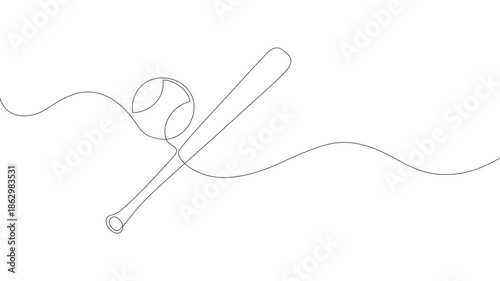 Continuous one-line drawing of a baseball bat and the ball. Simple Baseball bat line art vector illustration, Baseball bat and baseball ball icon in thin line style, white background. 
