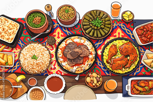 A dinner table full of rich and diverse dishes reflecting traditional culinary culture.