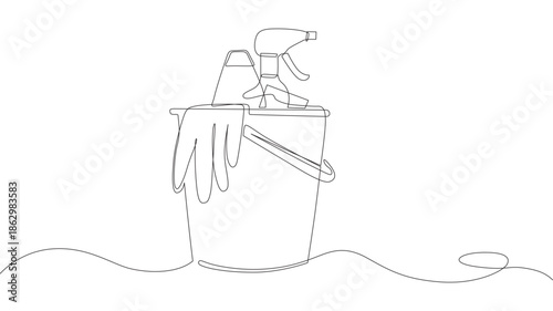continuous line drawing of cleaning equipment set. one line drawing of cleaning tools, bucket, gloves, spray, sponge, rag. single line vector illustration. isolated white background. 