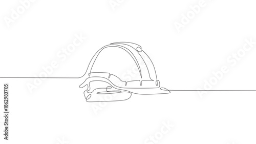 Continuous one-line drawing of an engineer's safety helmet. One line drawing illustration of a contractor's hat. Engineer tool concept single line. Editable outline .