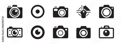 Minimalist camera and photography equipment icon set for web and mobile UI design.