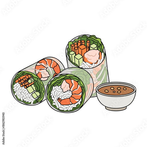 Colorful illustration of spring rolls and dipping sauce in a light beige bowl