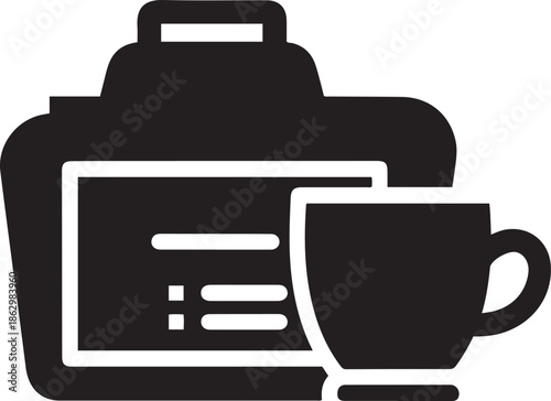 Black of a thermos bottle and a coffee cup with white lines on a white background