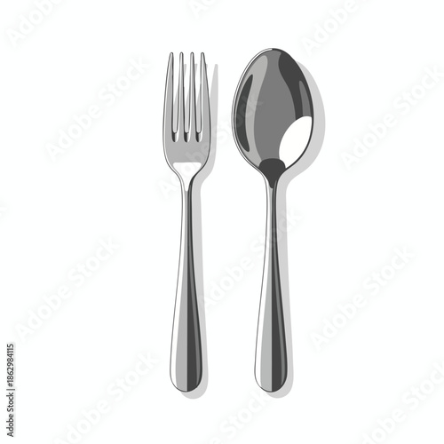 Two pieces of silverware a fork and spoon, side-by-side, shaded with highlights