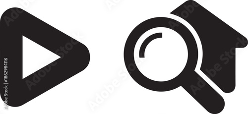 Black play button next to a black magnifying glass over a house black and white simple clean