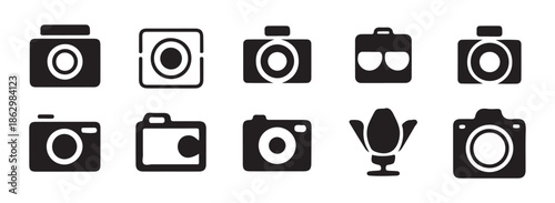 Minimalist camera and photography equipment icon set for web and mobile UI design.
