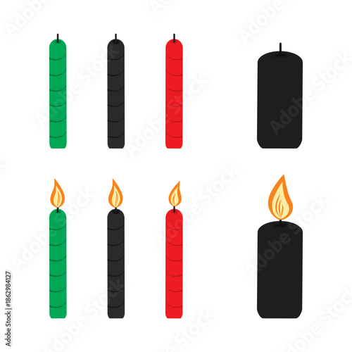 Red Black and Green Burning Candles Minimalistic Flat Design Transparent Background Set Sticker Icon. Isolated Vector illustration Birthday Holiday Related content or Greeting Card, leaflet, price tag
