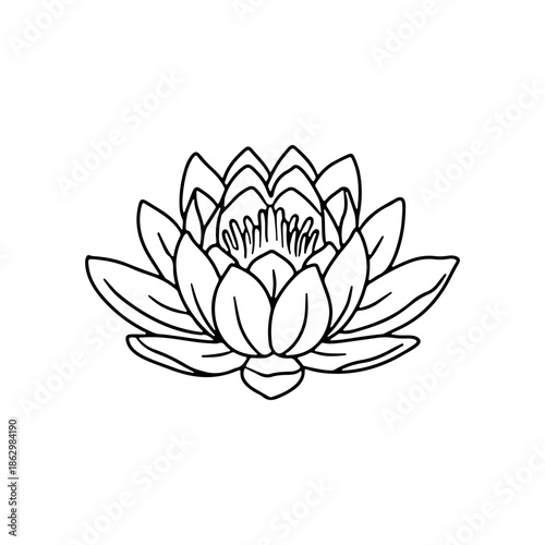 Hand drawn black and white lotus flower line art vector illustration isolated on white background