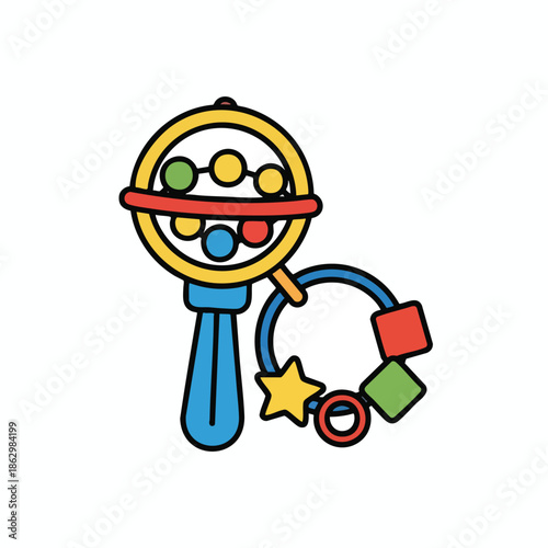 Colorful rattle toy with circular handle, beads, shapes, and vibrant blue and yellow colors