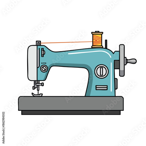 Stylized illustration of a blue sewing machine, thread spool atop, white background