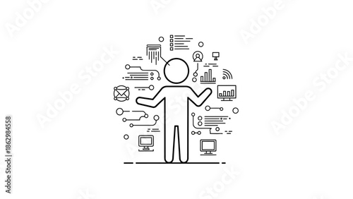 Stick figure person overseeing comprehensive digital business management and technology solutions on an isolated white background.