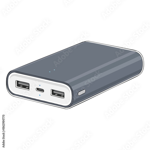 Angled view of a gray, rectangular power bank with ports and a power button