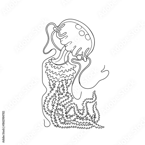 Cartoon black and white doodle jellyfish swimming in ocean hand drawn vector illustration