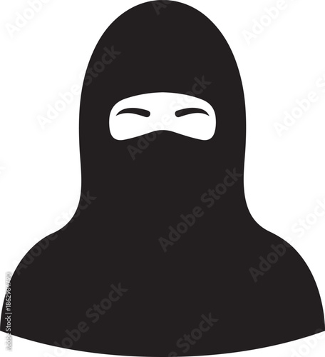 Black silhouette of a person wearing a balaclava or face covering with white eyes and eyebrows