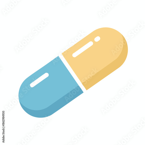 A vector illustration shows a blue and yellow capsule on a white background