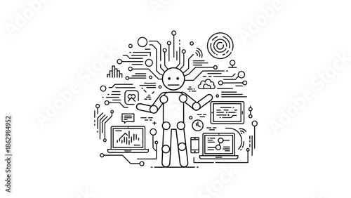 Robotic stick figure made of circuit board elements representing artificial intelligence on isolated white background.