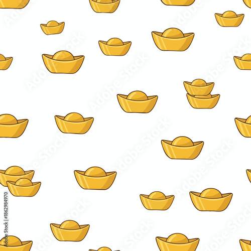 A pattern of scattered gold ingots on a white background, in cartoon style