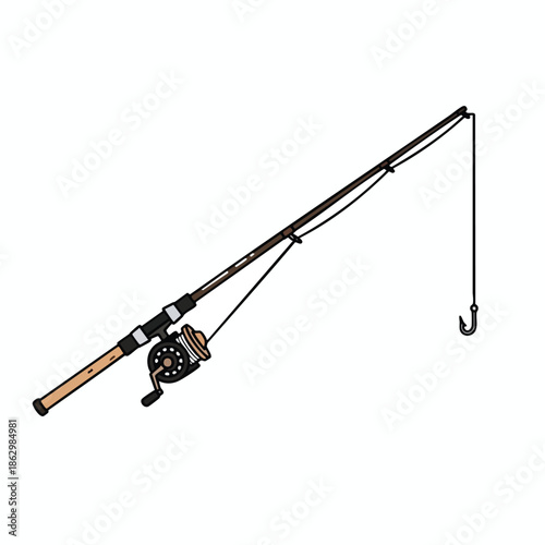 An illustrated fishing rod and reel, with line and hook, isolated on white