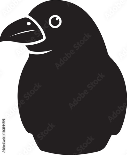 Black silhouette of a plump bird with a white eye and beak detail on a white background