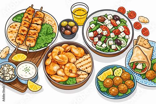 An appetizing rich table equipped with traditional appetizers and fresh salads.