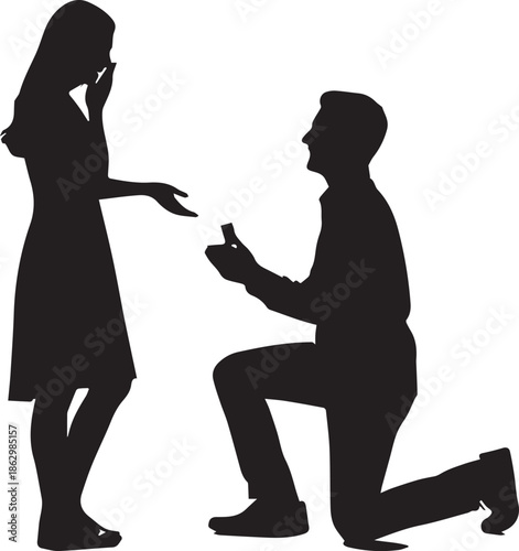 Romantic Marriage Proposal Silhouette, Man Kneeling with Pink Rose to Woman, Love and Engagement Concept Vector