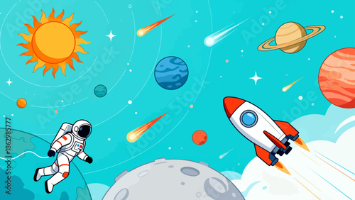 Astronaut in space with rocket and planets
