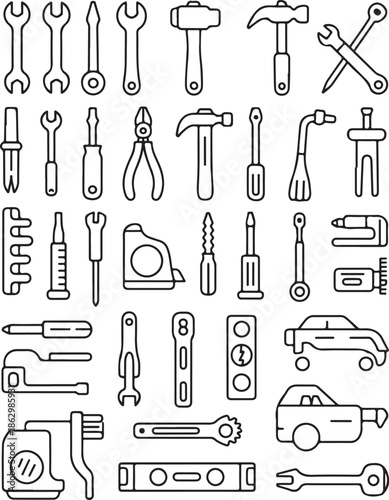 A collection of various tools and equipment for DIY projects and automotive repairs