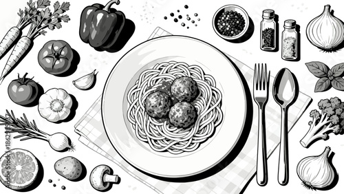 Spaghetti with meatballs and fresh ingredients