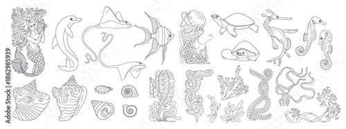 Black and white line art Ocean life and mermaid hand drawn vector illustration bundle. Sea animals and seaweed clipart big set