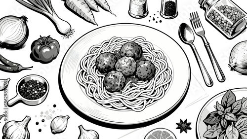 Spaghetti with meatballs and fresh ingredients