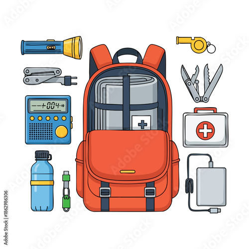 Vector illustration of various emergency and outdoor survival gear, flat design