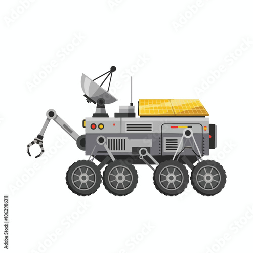 A gray and yellow robotic rover with an articulated arm and multiple wheels